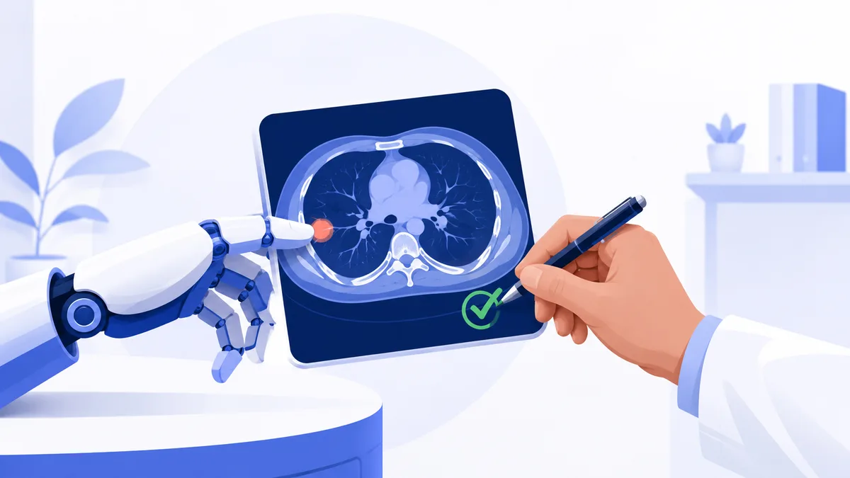 Robotyczna dłoń AI wskazuje zmianę na tomografii klatki piersiowej, a dłoń lekarza zatwierdza opis zielonym znaczkiem