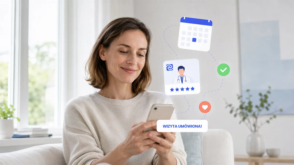 Pacjentka umawia wizytę przez telefon, obok ilustracje kalendarza, lekarza z wysoką oceną i potwierdzenie rezerwacji