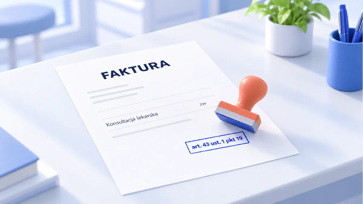 Faktura za konsultację lekarską ze stawką zw i odciskiem pieczątki art. 43 ust. 1 pkt 19, obok koralowy stempel