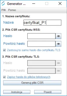 Formularz Generatora CSR z nazwą certyfikatu, polami hasła i przyciskiem Generuj pliki CSR