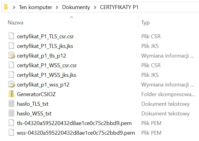 Folder Certyfikaty P1 z gotowymi plikami p12 obok plików pem, csr i jks