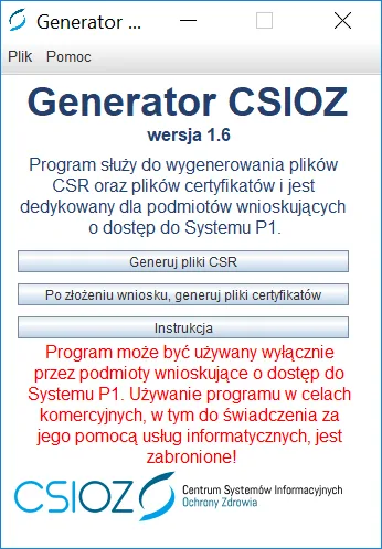 Okno główne Generatora CSR z przyciskami Generuj pliki CSR oraz Po złożeniu wniosku, generuj pliki certyfikatów