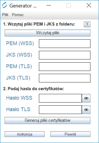 Okno Generatora do składania plików p12 z polami PEM i JKS oraz hasłami WSS i TLS