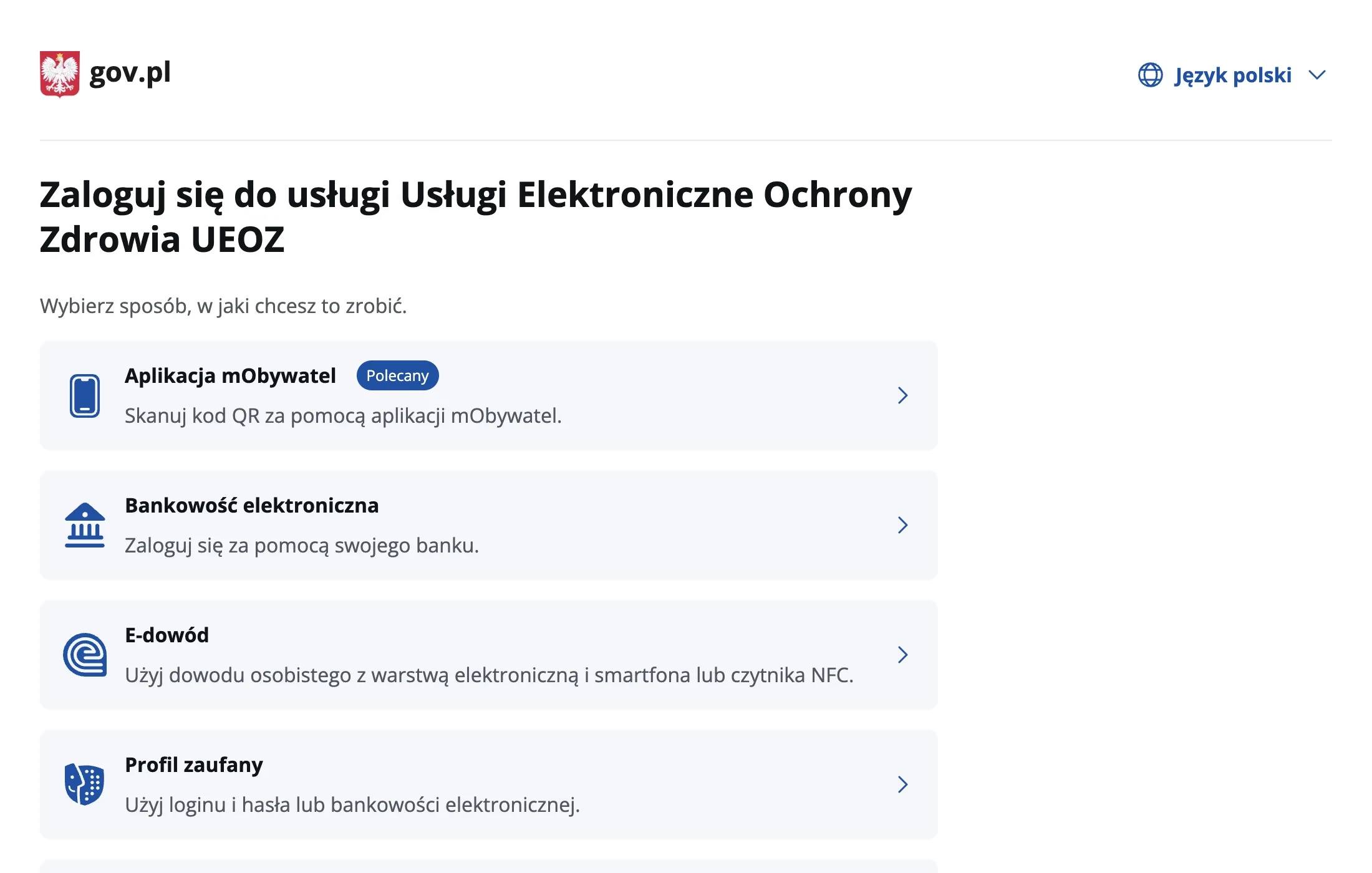 Ekran wyboru logowania do usługi UEOZ z opcjami mObywatel, bankowość elektroniczna, e-dowód i Profil zaufany