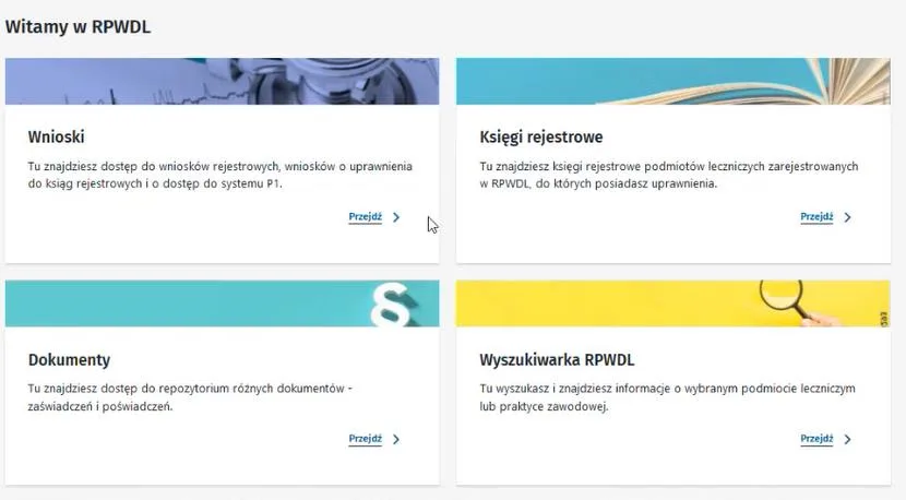 Strona główna RPWDL 2.0 po zalogowaniu z kafelkami Wnioski, Księgi rejestrowe, Dokumenty i Wyszukiwarka