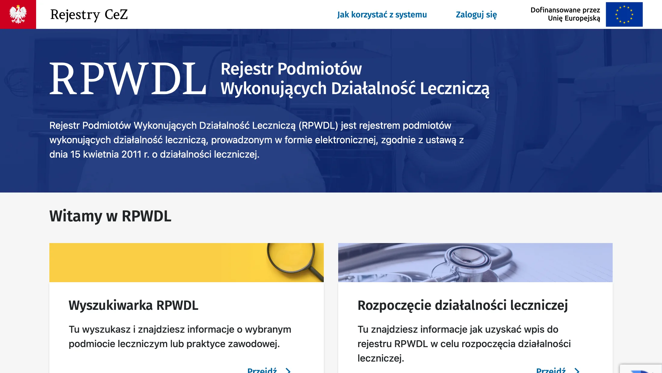 Strona startowa RPWDL 2.0 z przyciskiem Zaloguj się w prawym górnym rogu