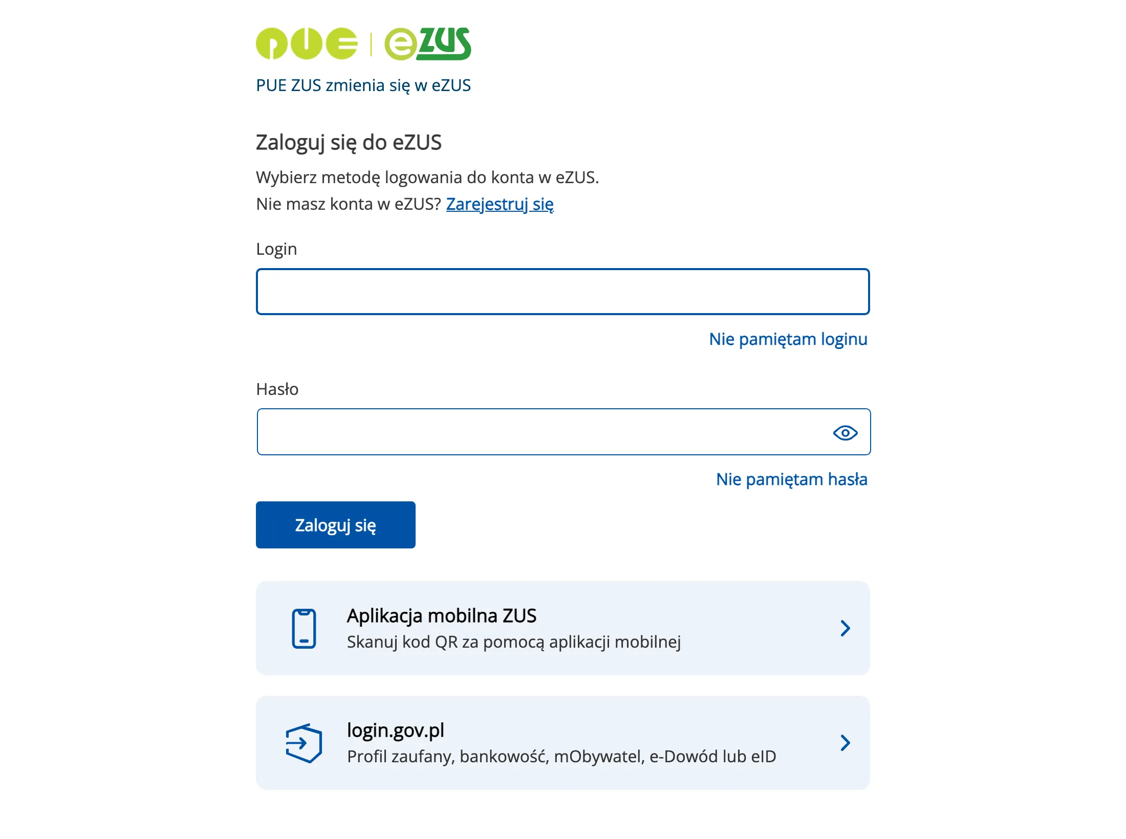 Ekran logowania do eZUS z polami login i hasło, przyciskiem Zaloguj się i kafelkiem login.gov.pl