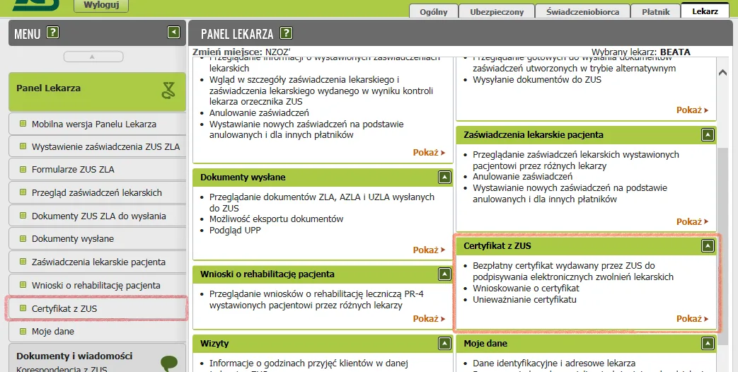 Panel lekarza z zakładką Certyfikat z ZUS zaznaczoną w menu bocznym