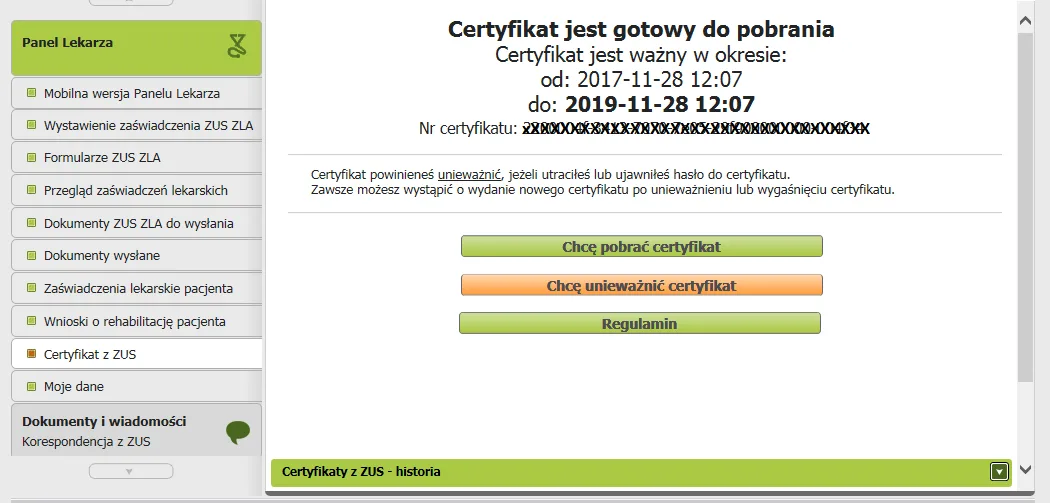 Ekran Certyfikat jest gotowy do pobrania z przyciskami Chcę pobrać certyfikat i Chcę unieważnić certyfikat
