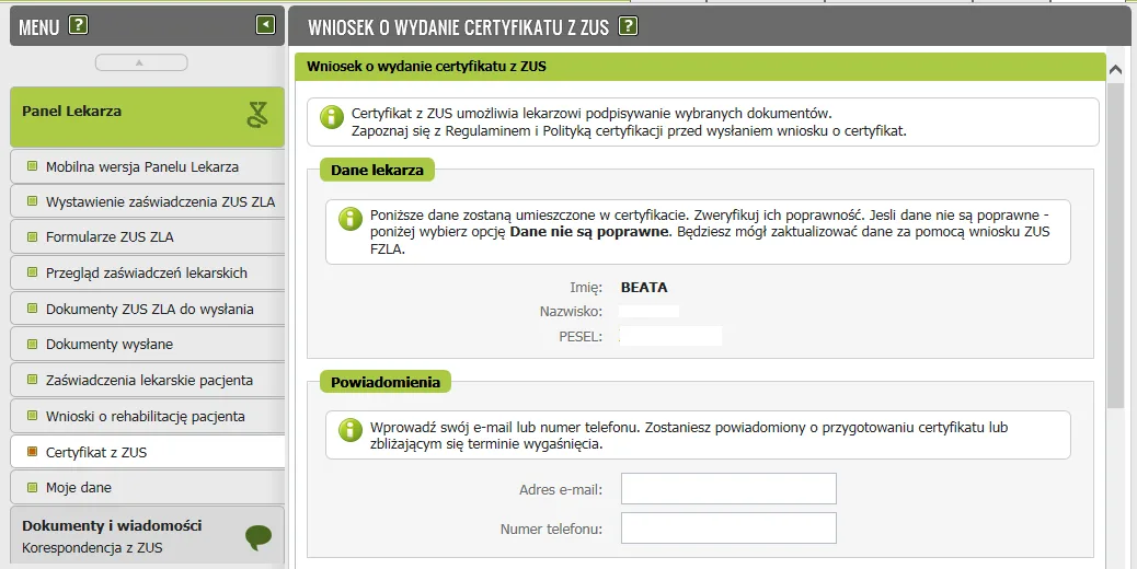 Wniosek o wydanie certyfikatu z ZUS z danymi lekarza oraz polami adres e-mail i numer telefonu