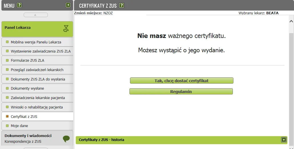 Ekran z komunikatem Nie masz ważnego certyfikatu i przyciskiem Tak, chcę dostać certyfikat