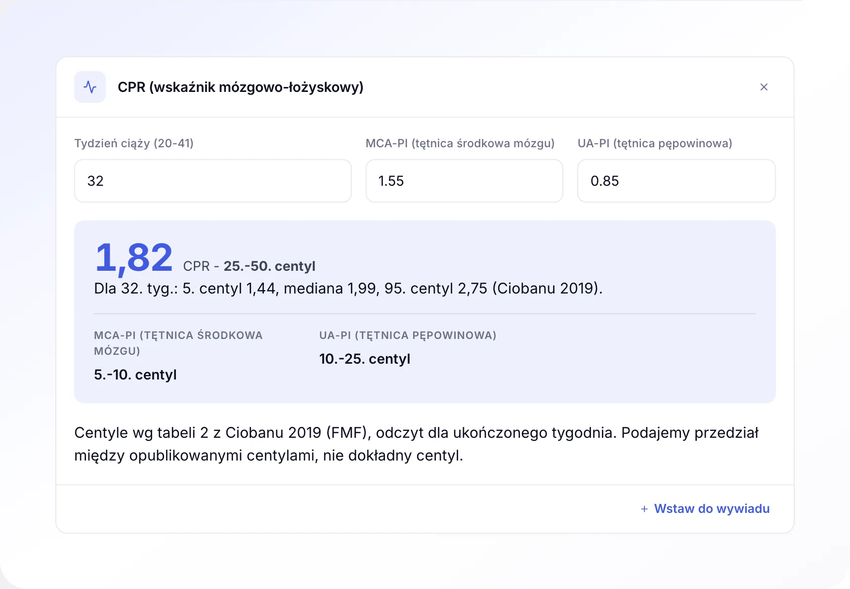 Kalkulator wskaźnika mózgowo-łożyskowego CPR w ZenMed z wartościami dopplera i wynikiem