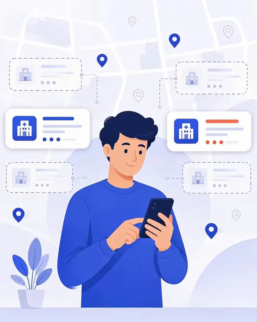 Pacjent szuka placówki medycznej w telefonie, wokół niego karty placówek na tle mapy