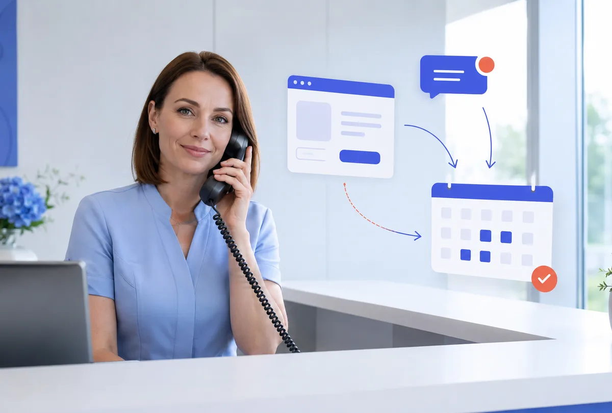 Rejestratorka przy telefonie, obok ilustracje strony, wiadomości i kalendarza z wolnymi terminami