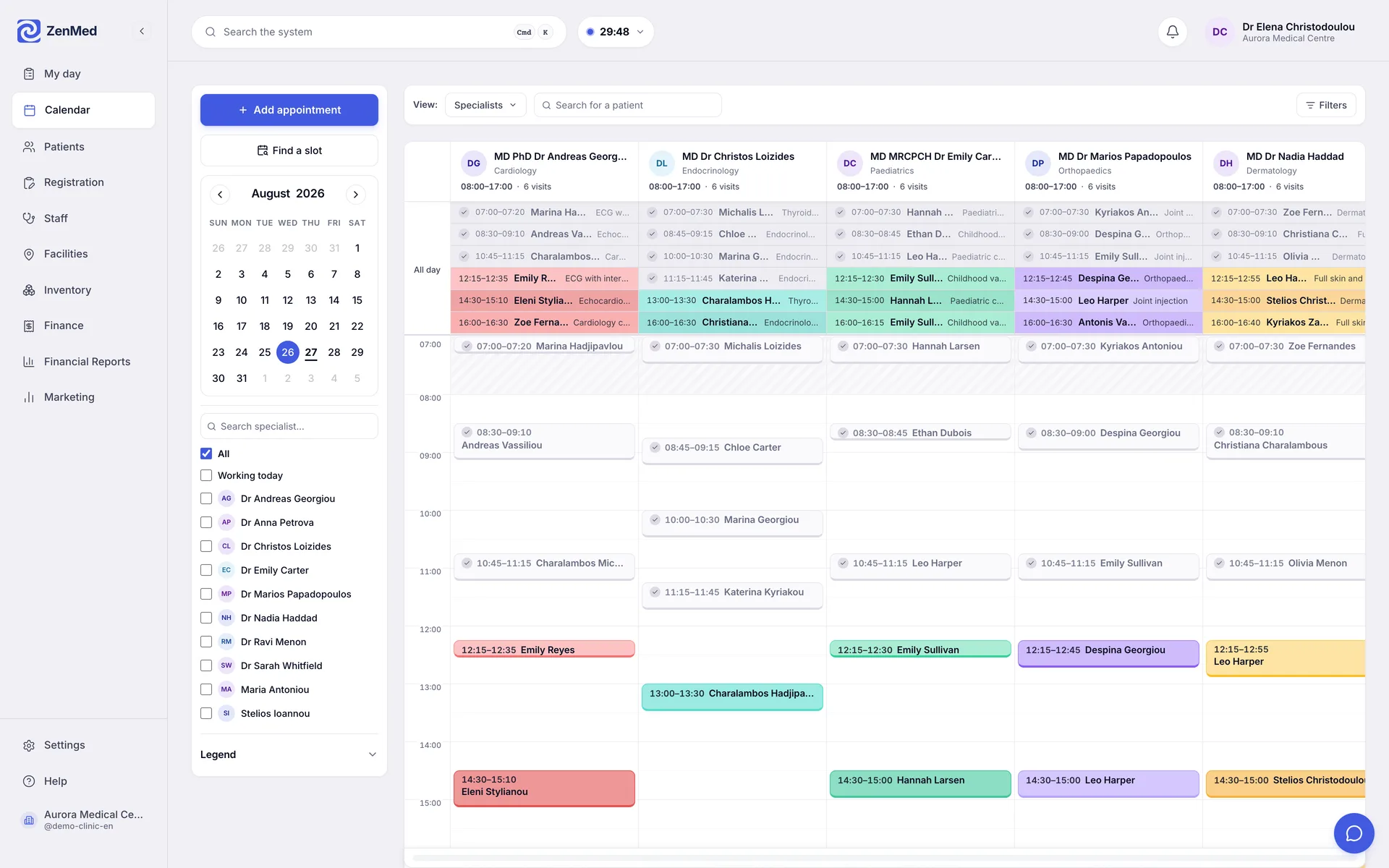 ZenMed weekly schedule with every specialist in the practice side by side, desktop view