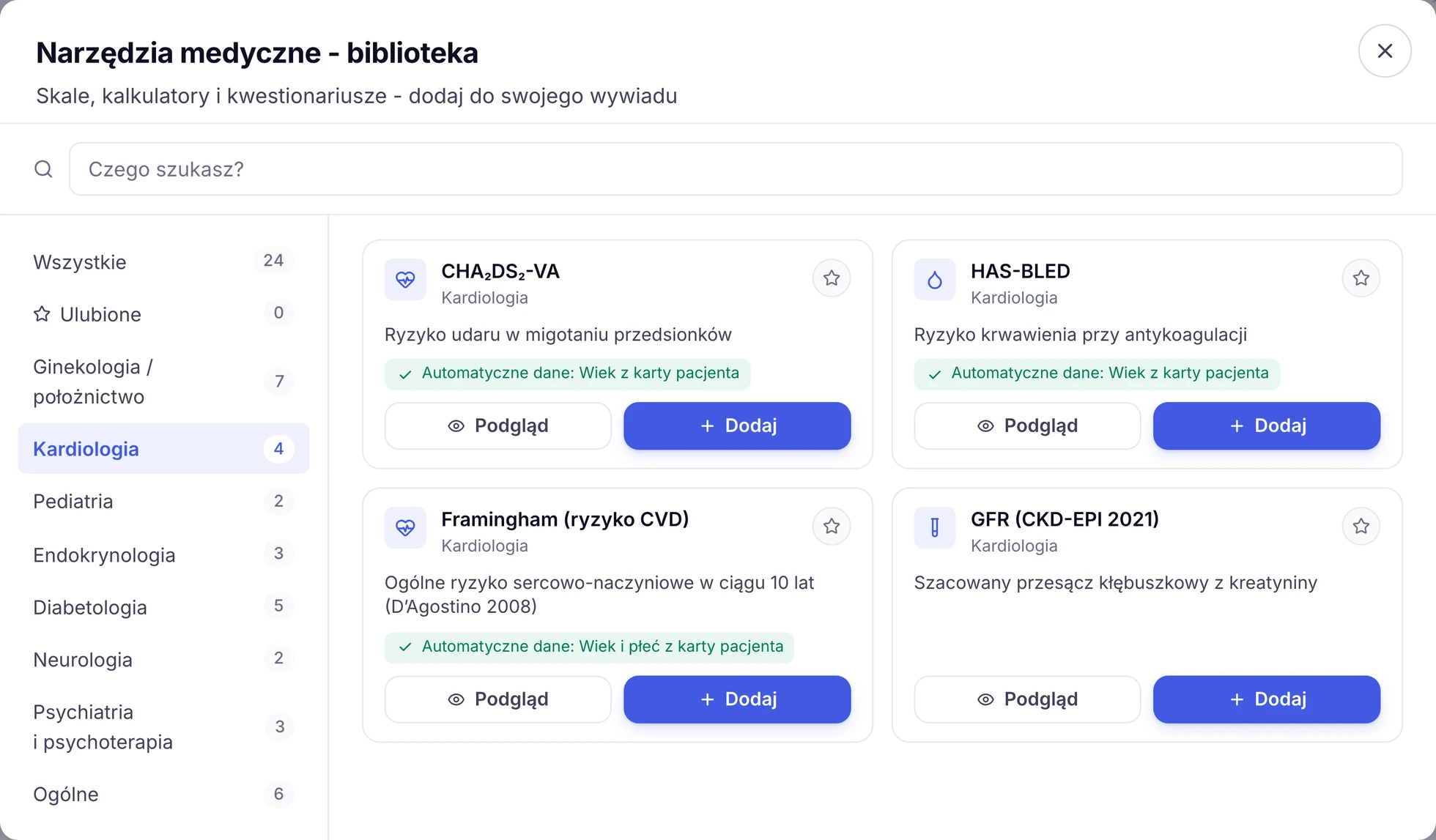 Biblioteka narzędzi medycznych ZenMed z kategorią Kardiologia i kartami CHA2DS2-VA, HAS-BLED, Framingham i eGFR