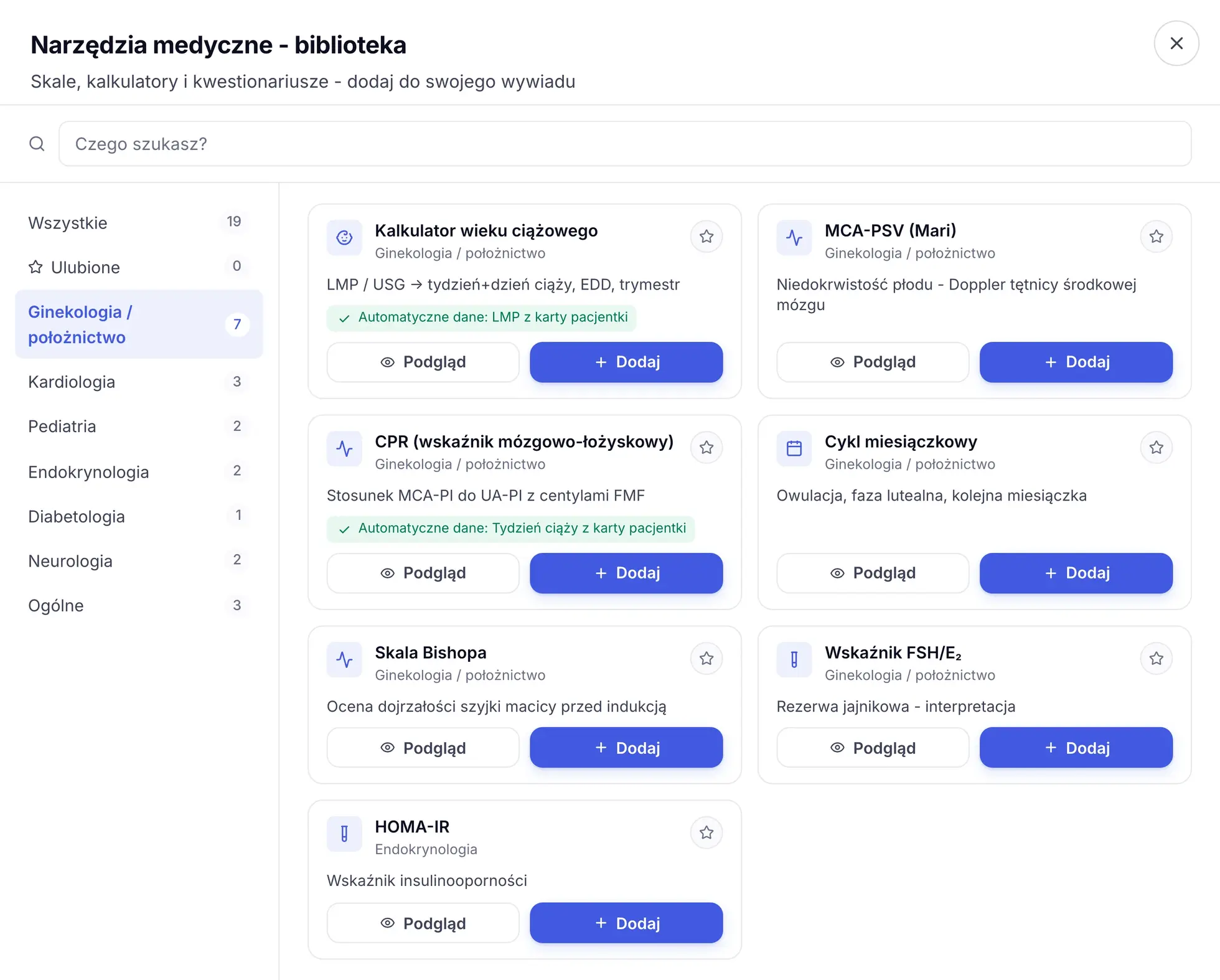 Biblioteka narzędzi medycznych ZenMed z kategorią Ginekologia i położnictwo oraz kartami kalkulatorów do dodania
