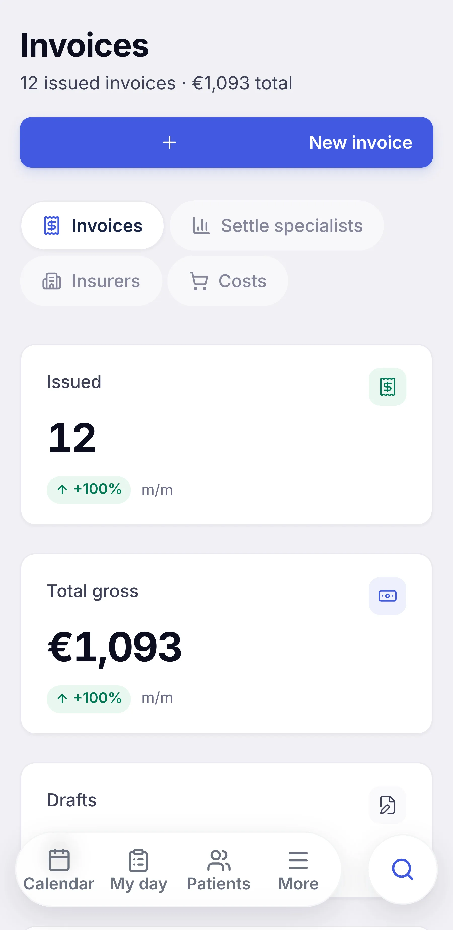 Billing and invoices in ZenMed, mobile view