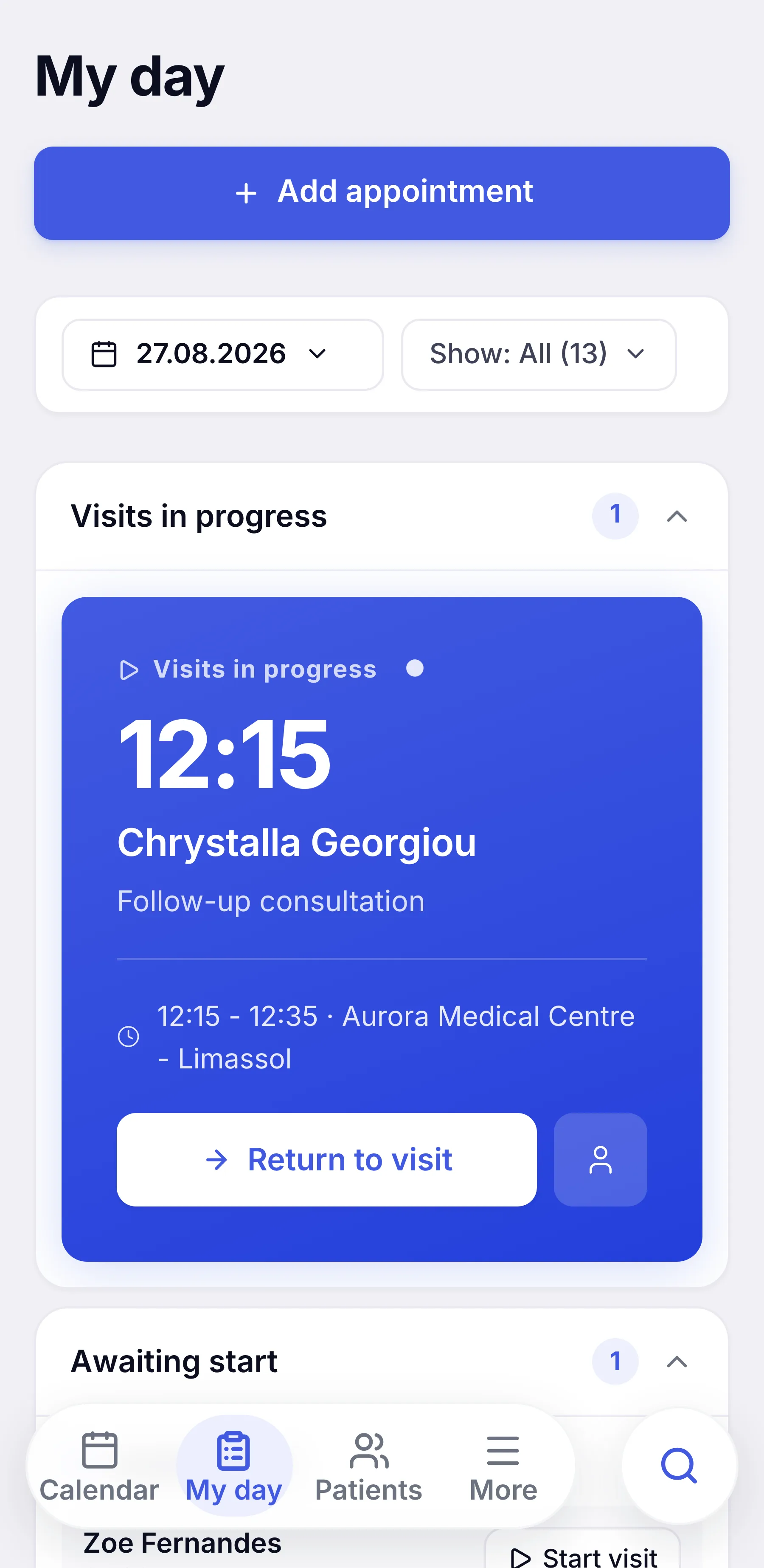 ZenMed day view on mobile with the next appointment and a day summary