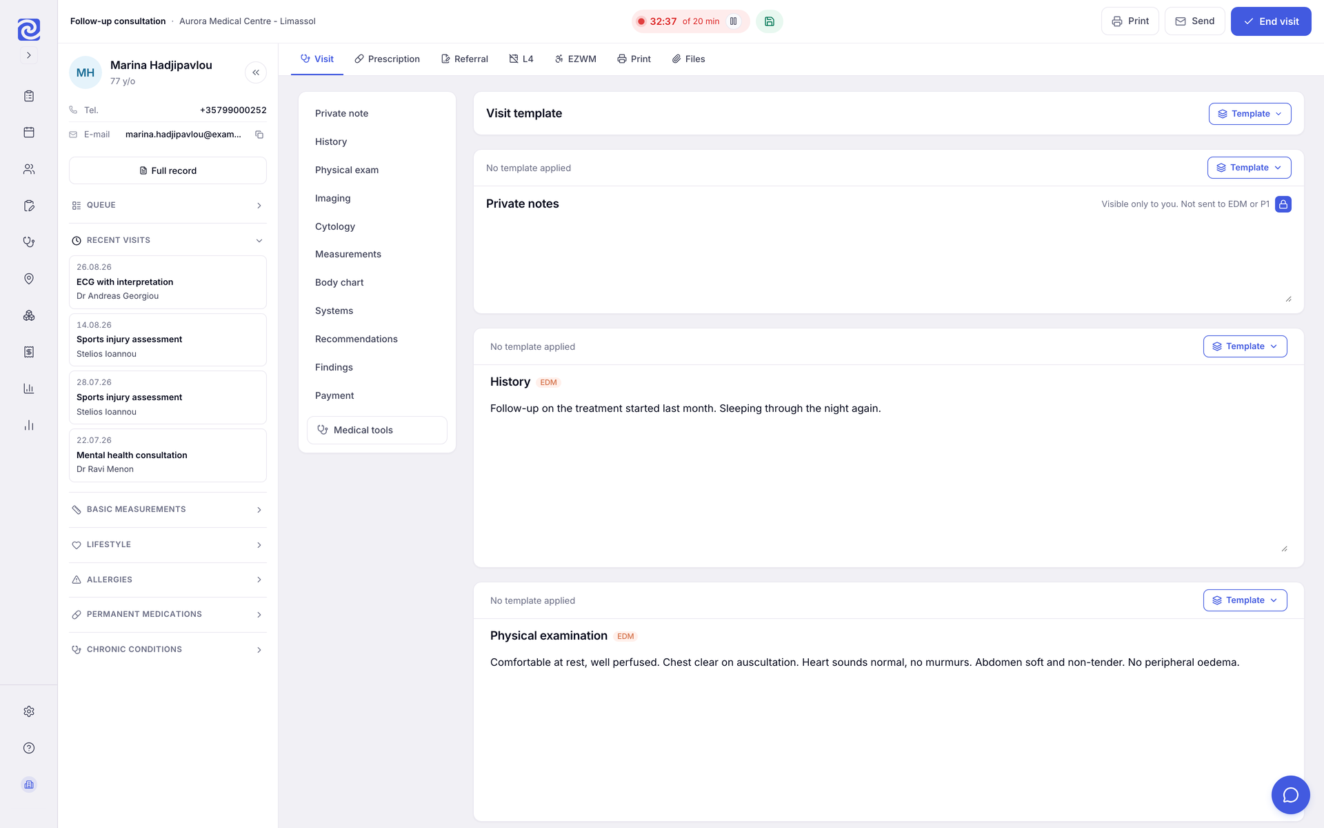 ZenMed visit form mid consultation, with history and examination filled in and medical tools alongside