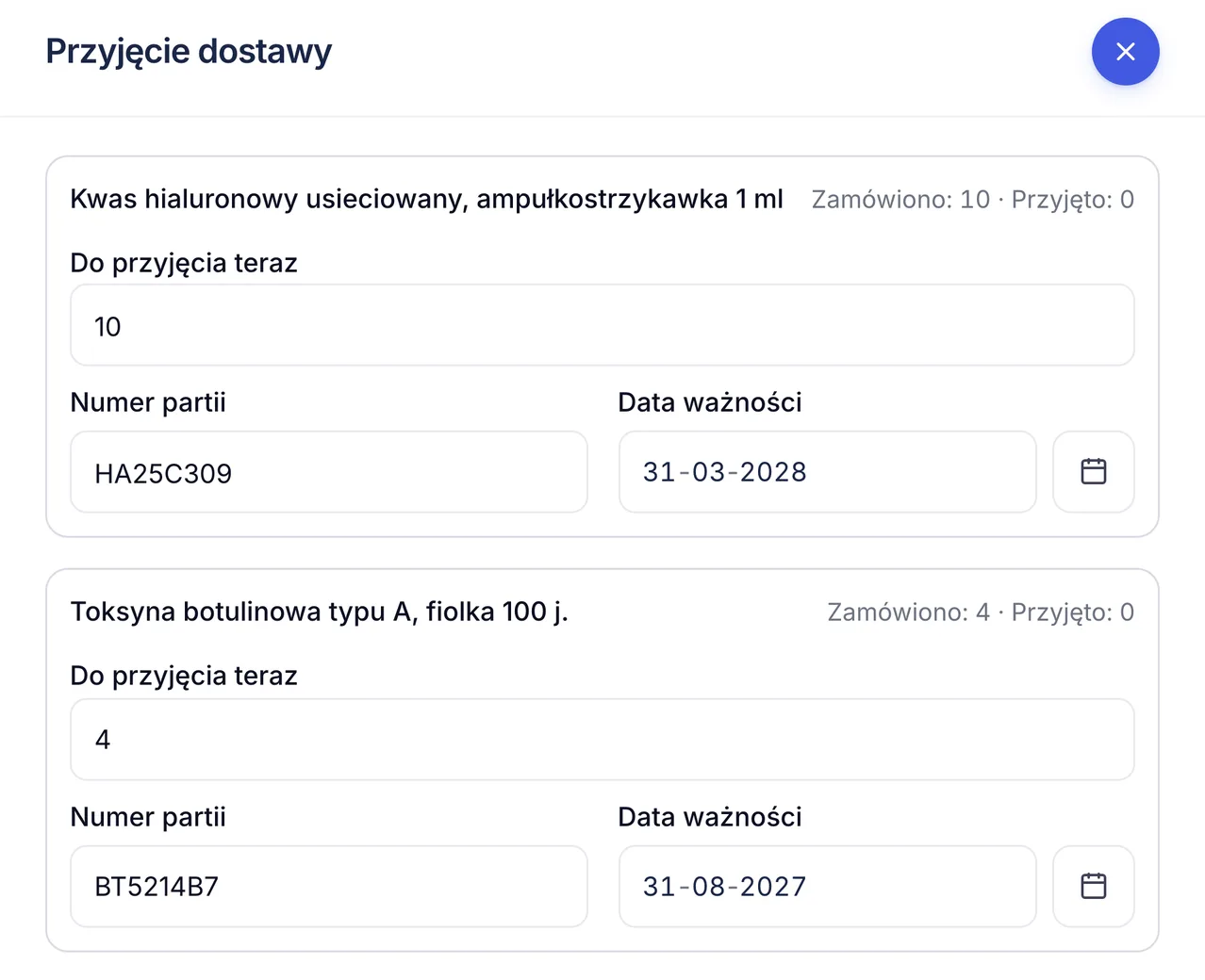 Przyjęcie dostawy do magazynu ZenMed z numerem partii i datą ważności przy każdym preparacie