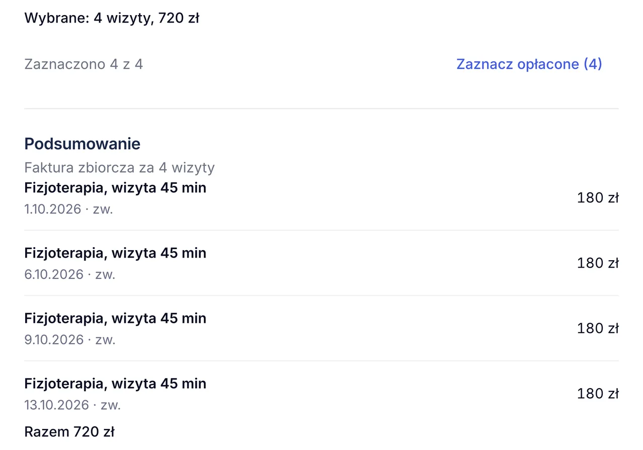 Faktura zbiorcza w ZenMed za październik: cztery wizyty fizjoterapii, każda z własną datą, zwolnione z VAT, razem 720 zł