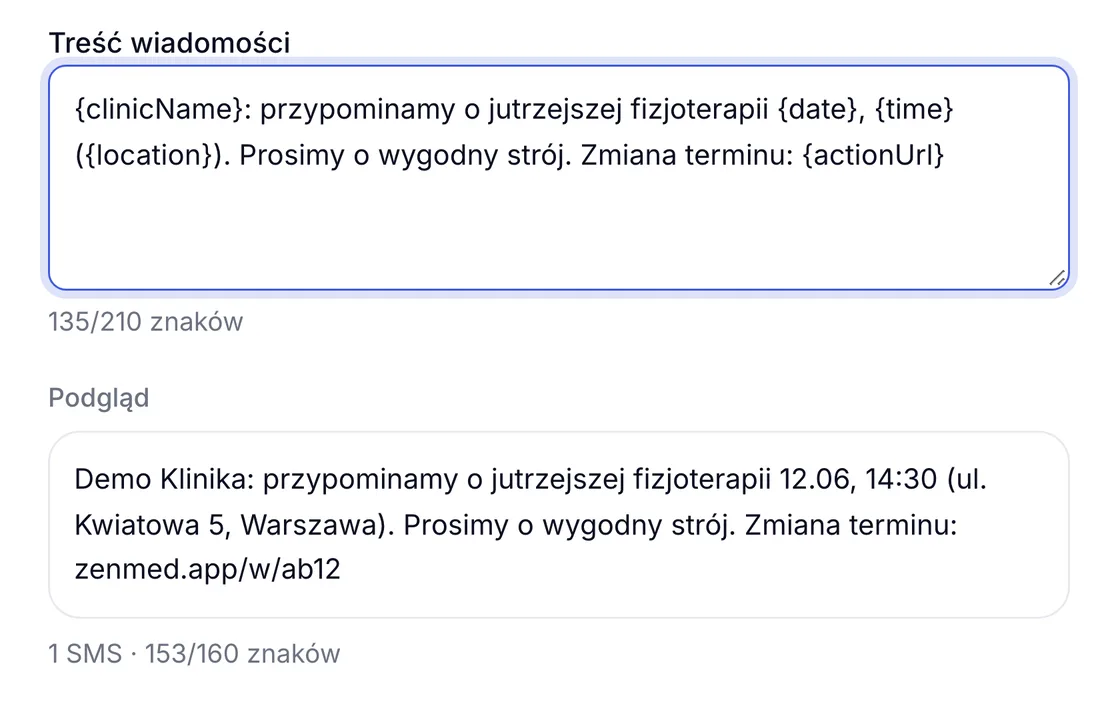 Edytor przypomnienia SMS w ZenMed z własną treścią o fizjoterapii, podglądem wiadomości i licznikiem znaków