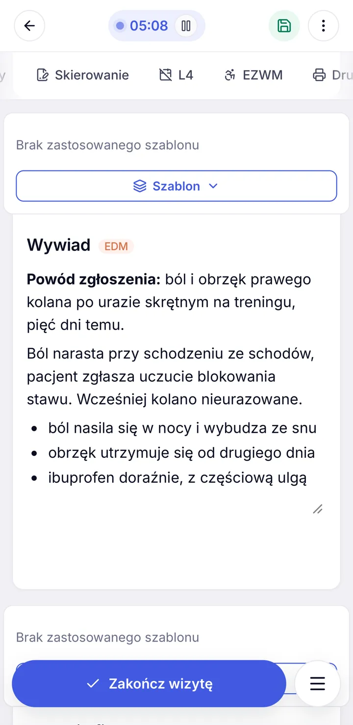 Karta wizyty ZenMed na telefonie, z wywiadem pacjenta i zakładkami wizyty