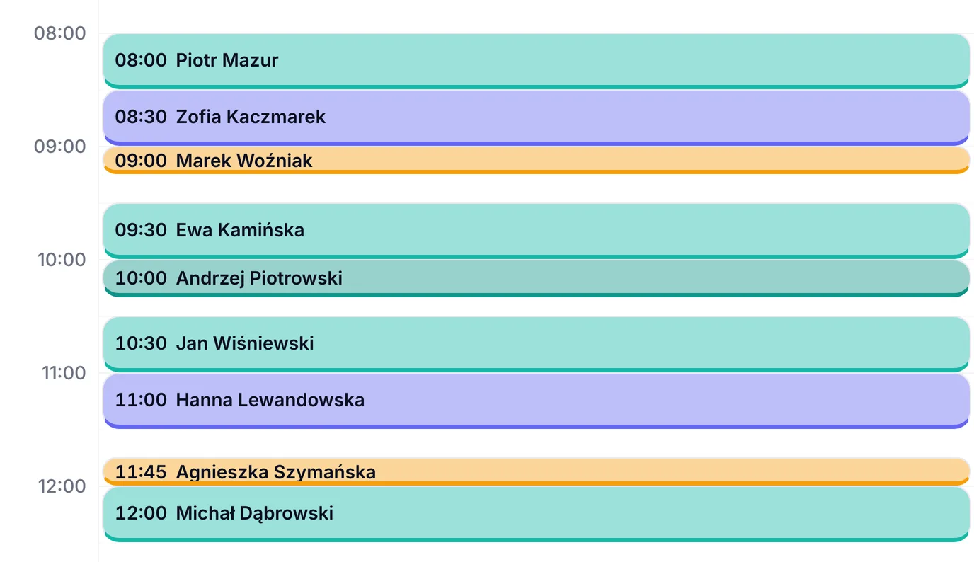 Grafik dnia okulistki w ZenMed z dziewięcioma wizytami w kolorach rodzaju usługi