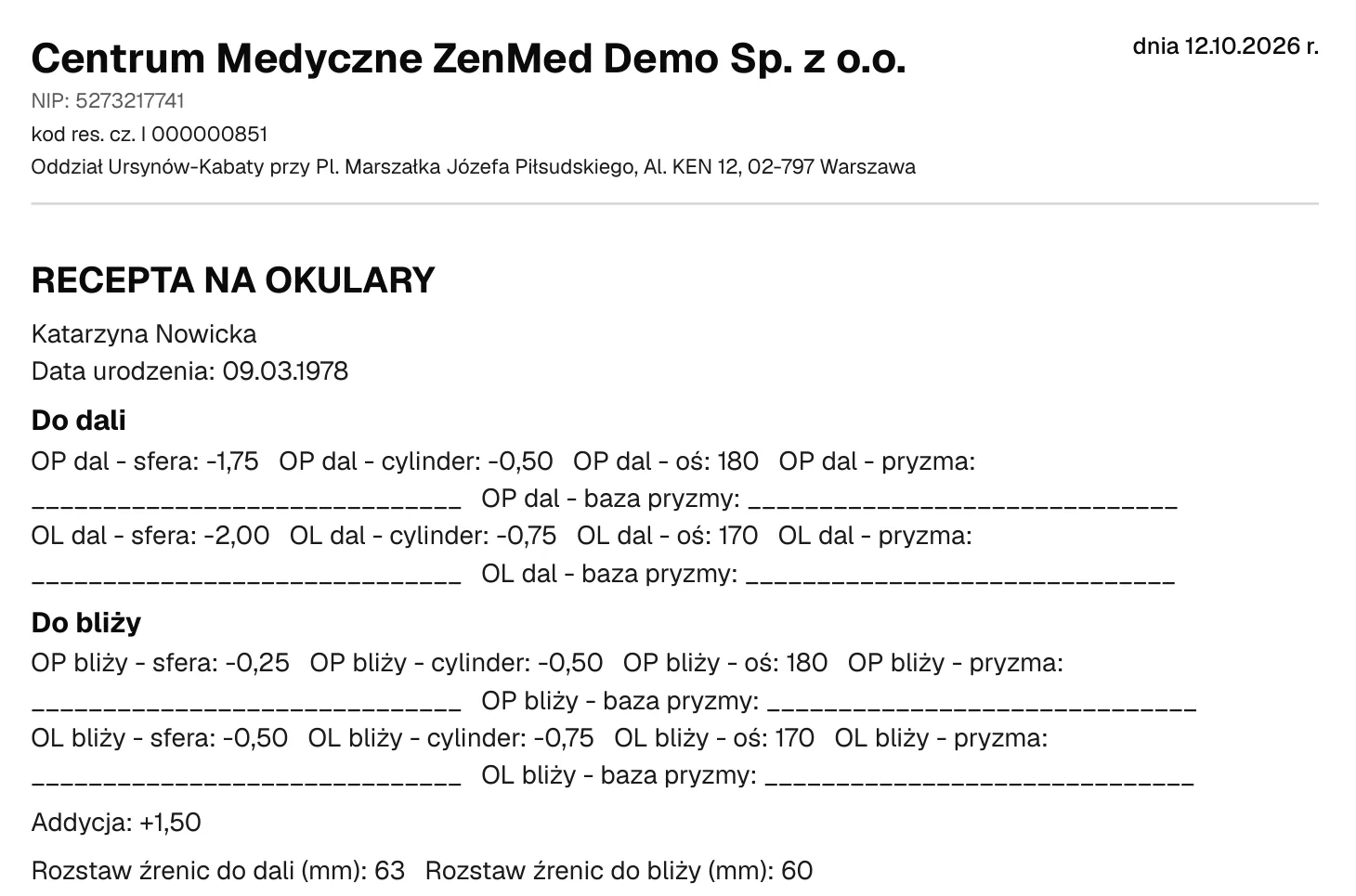 Recepta na okulary z ZenMed ze sferą, cylindrem i osią dla oka prawego i lewego do dali i do bliży, addycją +1,50 i rozstawem źrenic