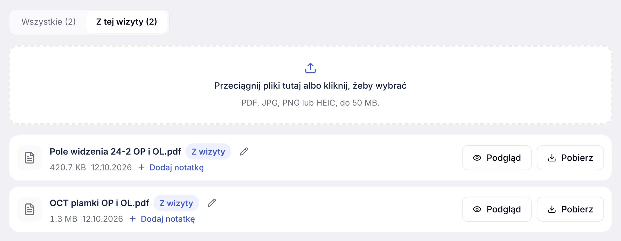 Pliki wizyty w ZenMed z raportem OCT plamki i polem widzenia obu oczu w zakładce Z tej wizyty