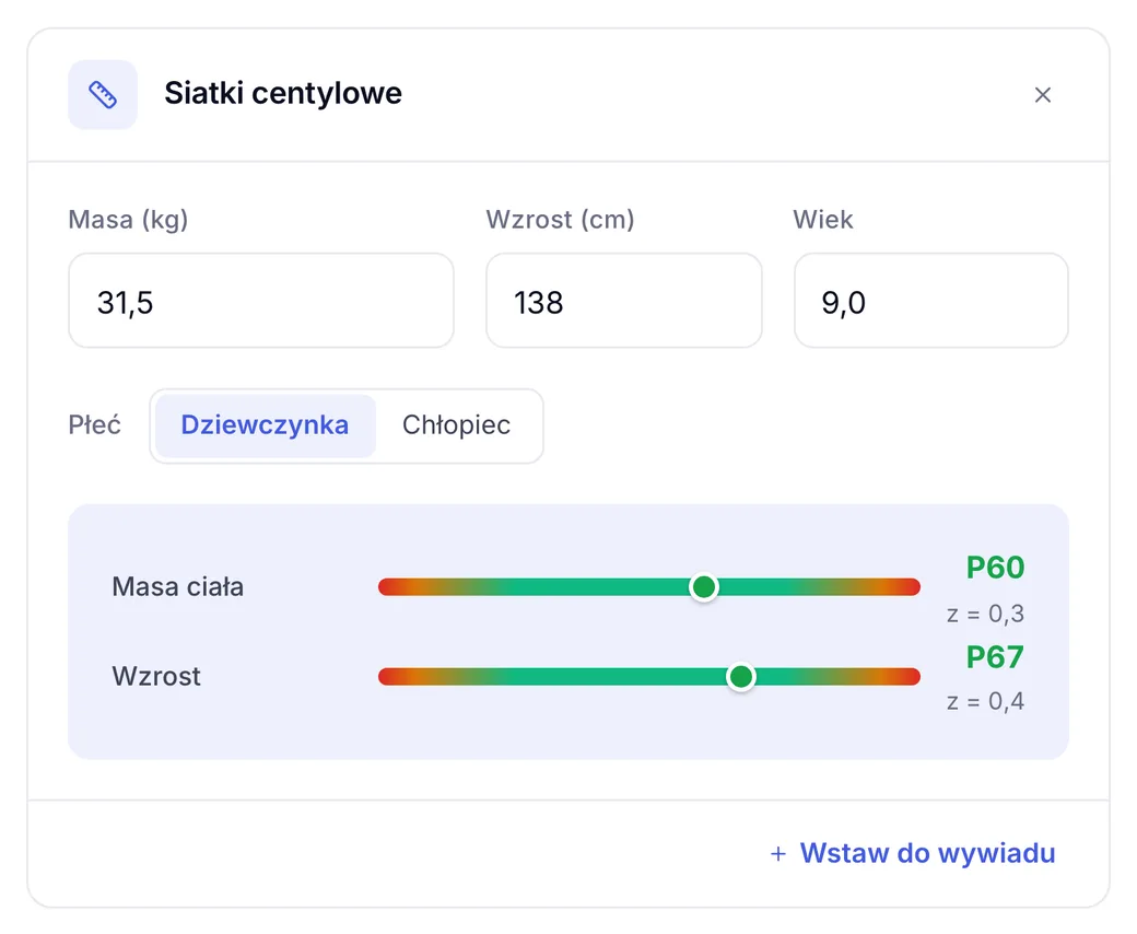 Centyle w karcie wizyty ZenMed: dziewczynka 9 lat, masa 31,5 kg na 60. centylu, wzrost 138 cm na 67. centylu