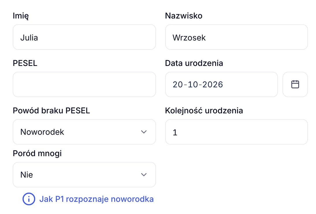 Karta noworodka bez numeru PESEL w ZenMed: powód braku PESEL Noworodek, kolejność urodzenia 1, poród mnogi Nie