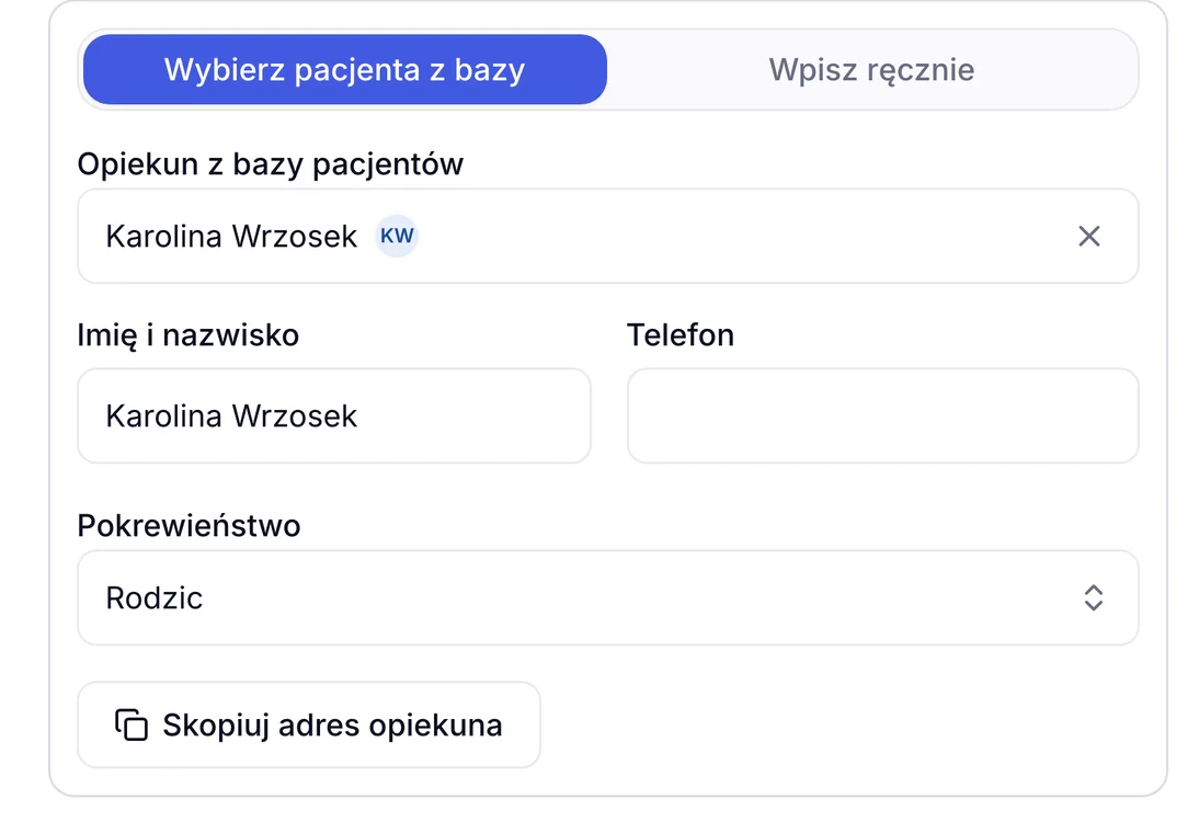 Opiekun prawny noworodka wybrany z bazy pacjentów ZenMed: matka, pokrewieństwo Rodzic, kopiowanie adresu