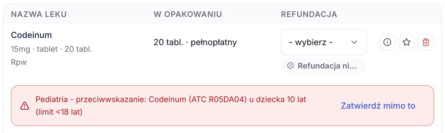 Ostrzeżenie pediatryczne w kreatorze recepty ZenMed: kodeina u dziecka 10 lat, przeciwwskazana poniżej 18 lat