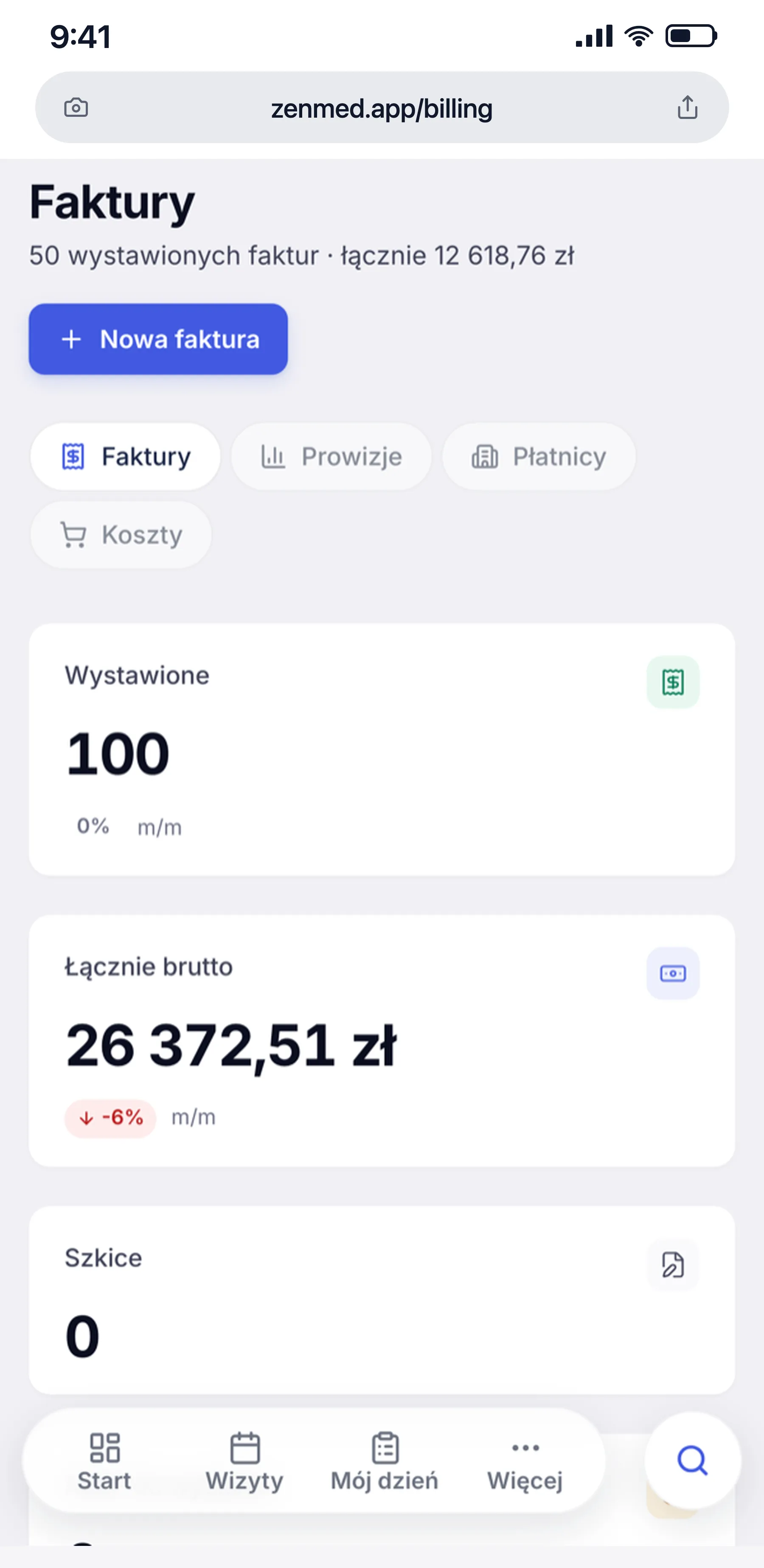 Rozliczenia i faktury w ZenMed, widok na telefonie