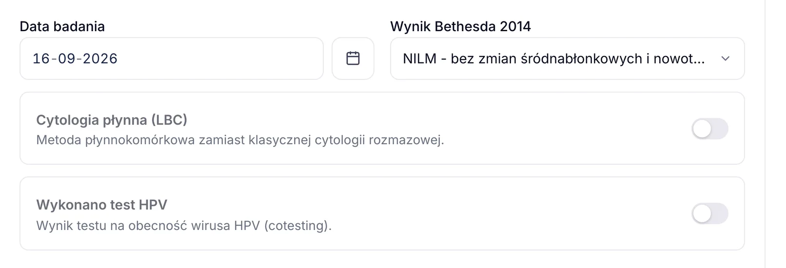 Formularz wyniku cytologii w ZenMed z listą skali Bethesda i przełącznikami podłoża płynnego oraz testu HPV
