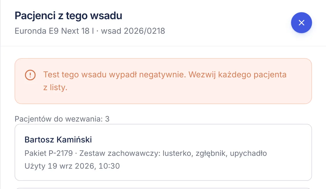 Lista pacjentów do wezwania w ZenMed po negatywnym teście wsadu, z etykietą pakietu i datą użycia