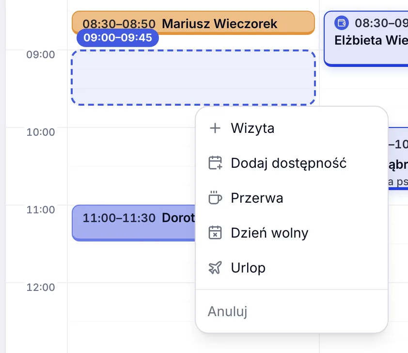 Zaznaczony zakres w kalendarzu ZenMed z menu pięciu akcji: wizyta, dostępność, przerwa, dzień wolny i urlop