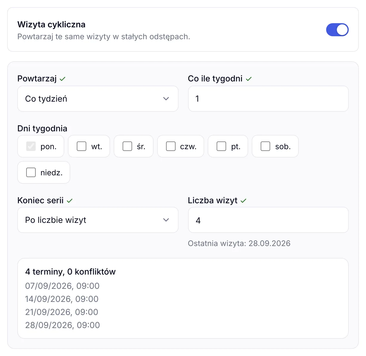 Konfiguracja wizyty cyklicznej w ZenMed z dniami tygodnia, końcem serii i podglądem czterech terminów bez konfliktów