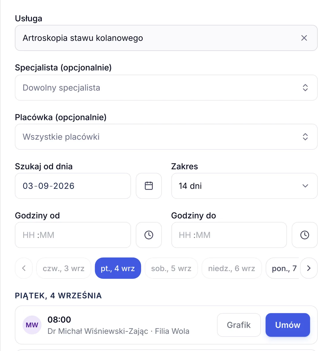 Panel Znajdź termin w ZenMed z wybraną usługą, paskiem dni i najbliższym wolnym terminem gotowym do umówienia