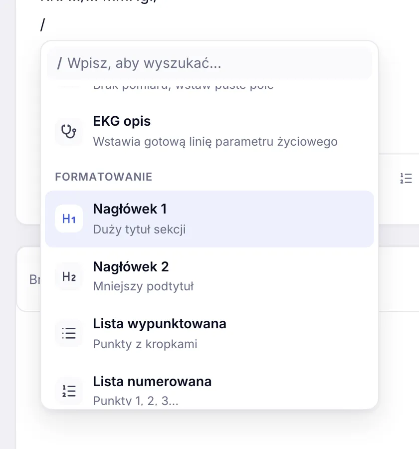 Lista komend w notatce wizyty ZenMed z formatowaniem tekstu i gotowymi liniami pomiarów