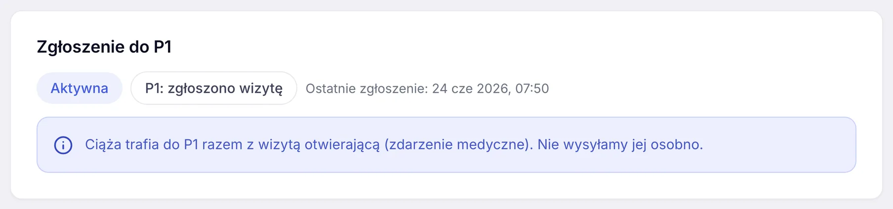 Karta zgłoszenia ciąży do P1 w ZenMed ze statusem Aktywna i datą ostatniego zgłoszenia
