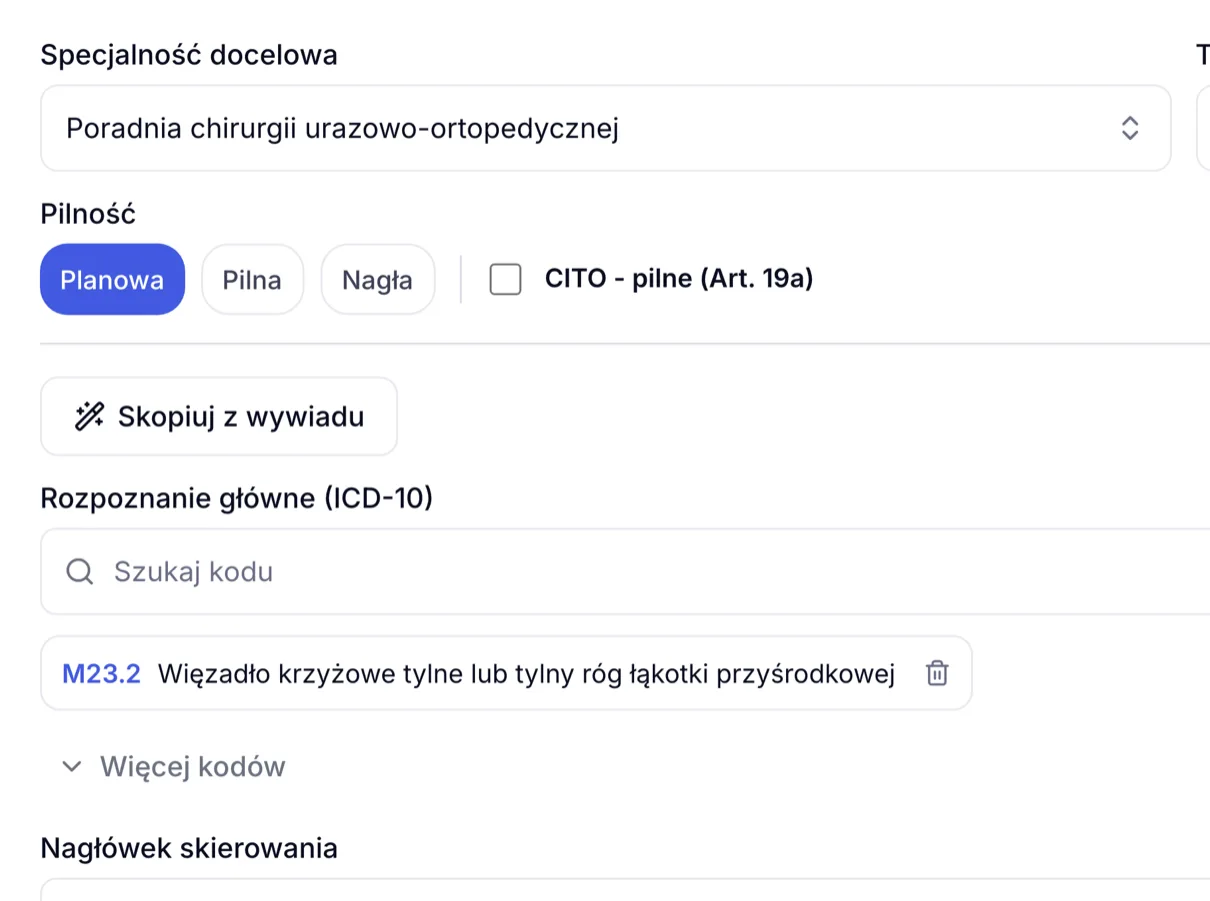 Zbliżenie na e-skierowanie w ZenMed ze specjalnością docelową z wizyty oraz pilnością i oznaczeniem CITO