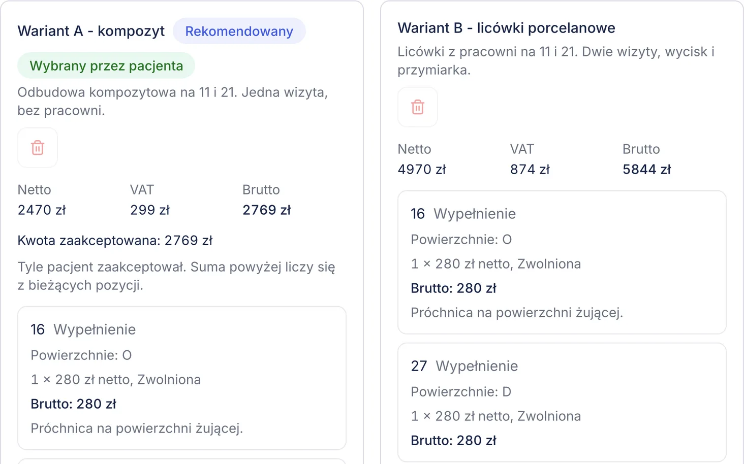 Dwa warianty planu leczenia stomatologicznego w ZenMed z kwotą netto, VAT i brutto oraz wariantem wybranym przez pacjenta