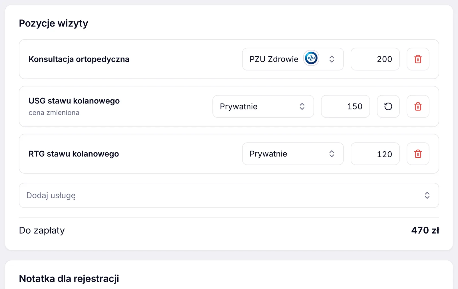 Rozliczenie wizyty w ZenMed - trzy pozycje, płatnik prywatny i ubezpieczyciel, zmieniona cena i suma do zapłaty