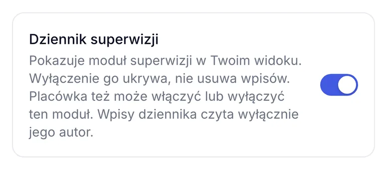 Przełącznik Dziennik superwizji w ZenMed z opisem, że wpisy dziennika czyta wyłącznie jego autor