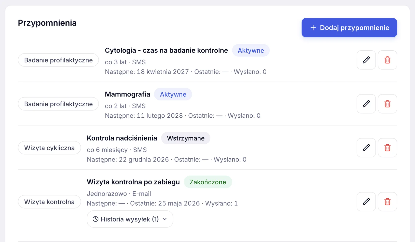 Przypomnienia pacjentki w ZenMed z cytologią co 3 lata i mammografią co 2 lata wysyłanymi SMS-em