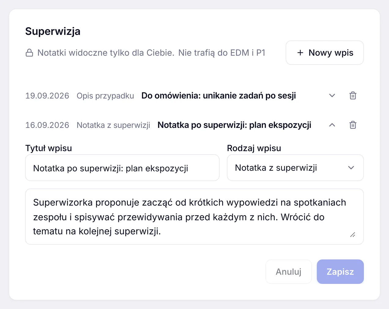 Zakładka Superwizja na karcie pacjentki w ZenMed z wpisami, edycją notatki i dopiskiem, że nie trafią do EDM i P1