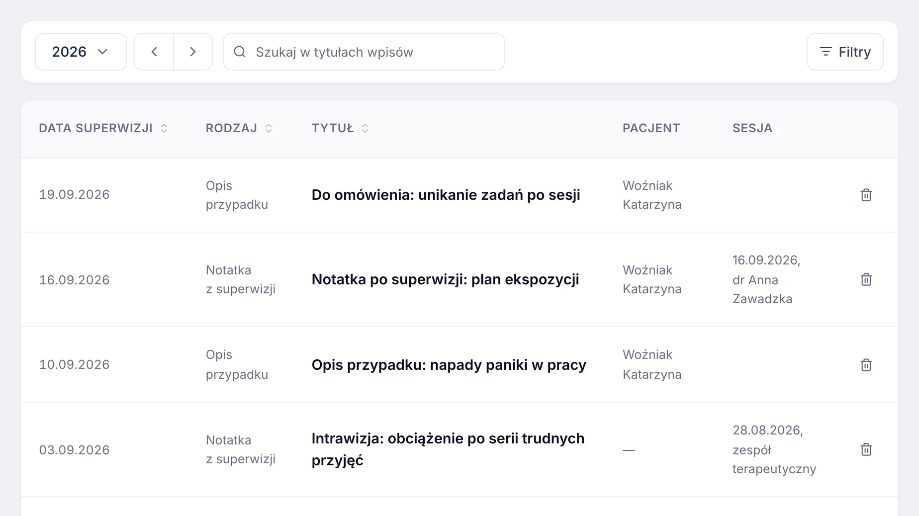 Dziennik superwizji w ZenMed z opisami przypadków i notatkami z superwizji, pacjentem i sesją przy wpisie